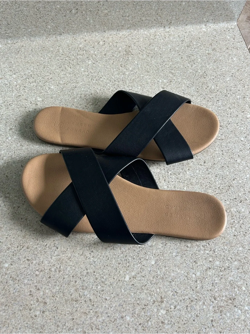 LC Lauren Conrad Black Cross-Strap Slide Sandals with Tan Footbed